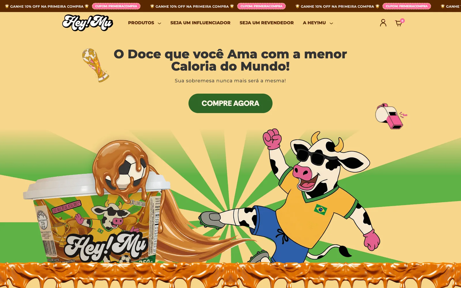 Loja HeyMu: doce de leite com personagens ilustrados, faixa de ofertas e botão de compra