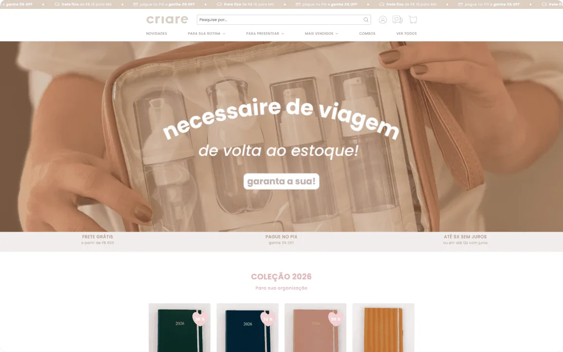 Loja Criare: necessaire de viagem em destaque na primeira dobra